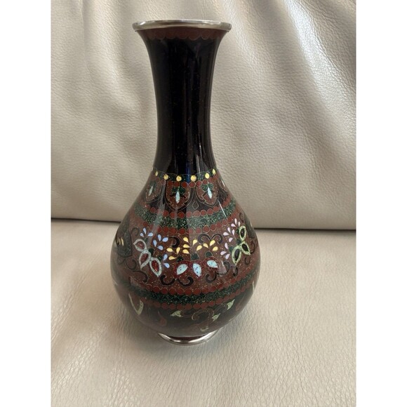 Japanese CLOISONNE Bud Vase Red Brown Gold Fleck Phoenix Bird Kyoto Butterfly - Picture 8 of 16